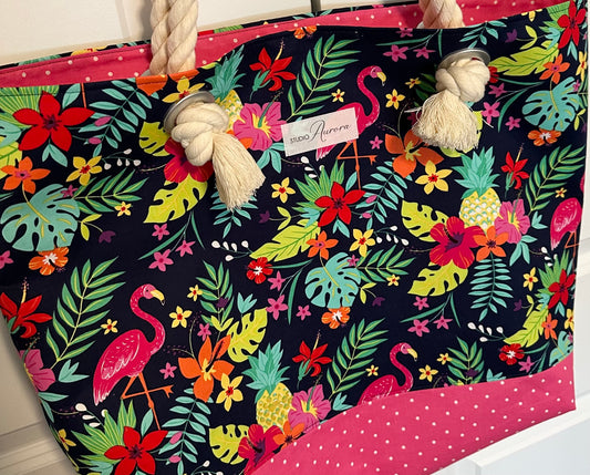 Pink Flamingo Beach Bag and Zipper Pouch Set