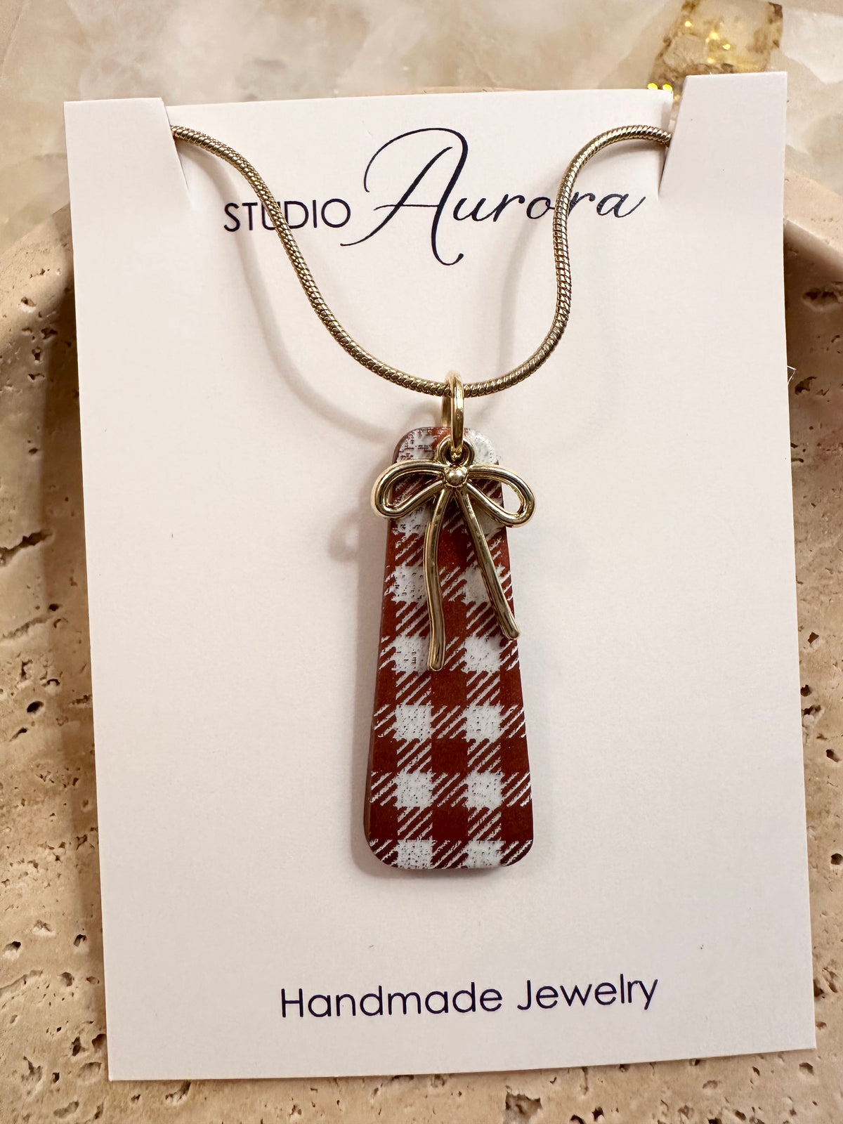 Brown and White Gingham Necklace