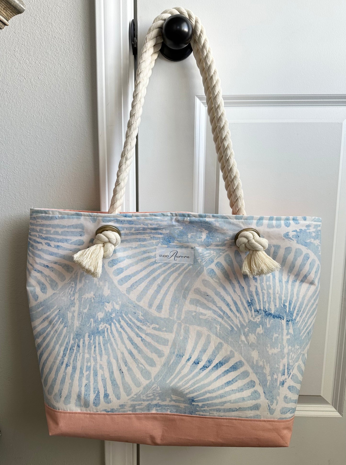 Blue Seashell and Peach Beach Bag and Zipper Pouch Set