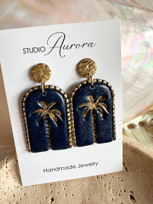 Navy Palm Tree Earrings