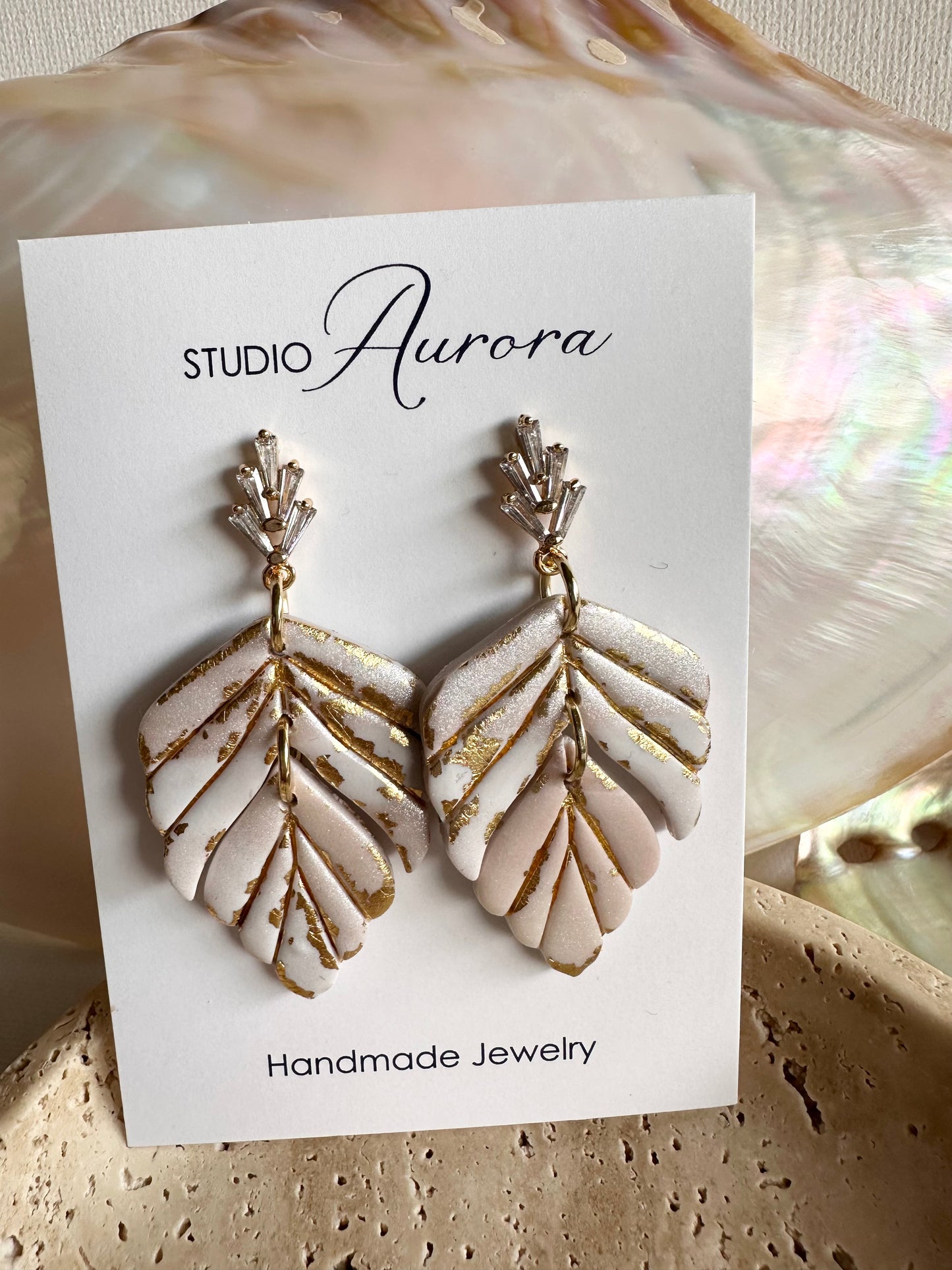 Pearl and Gold Double Leaf Earrings