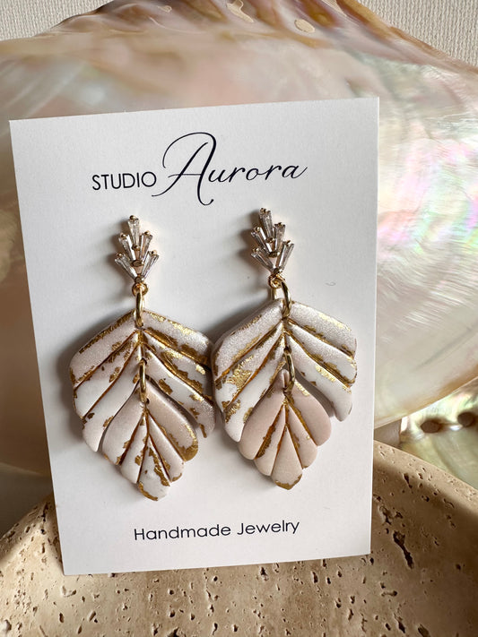 Pearl and Gold Double Leaf Earrings