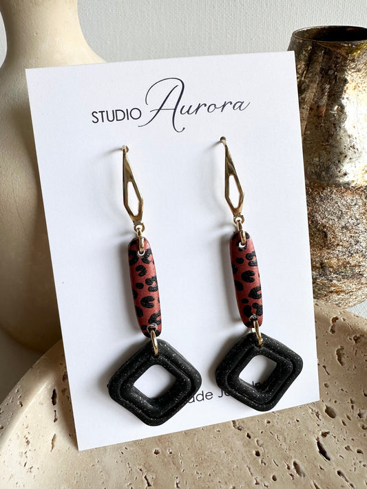 Copper and Black Square Drop Earrings