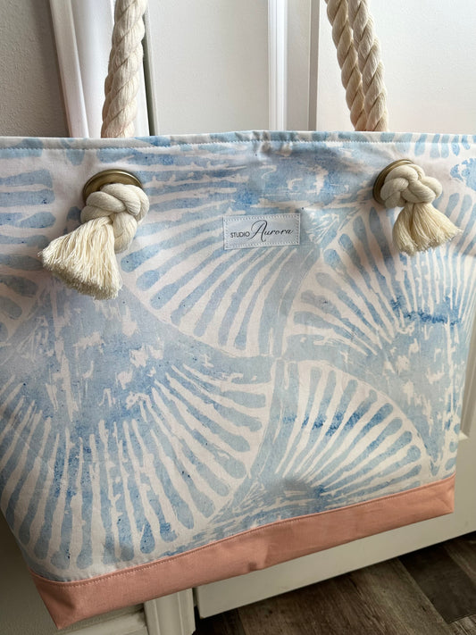 Blue Seashell and Peach Beach Bag and Zipper Pouch Set