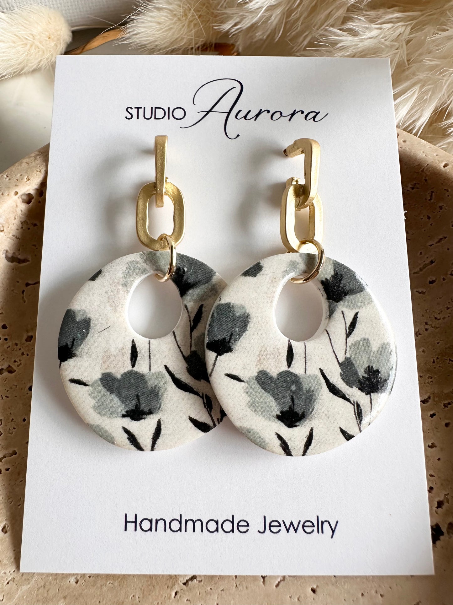 Black Floral Organic Circle Earrings