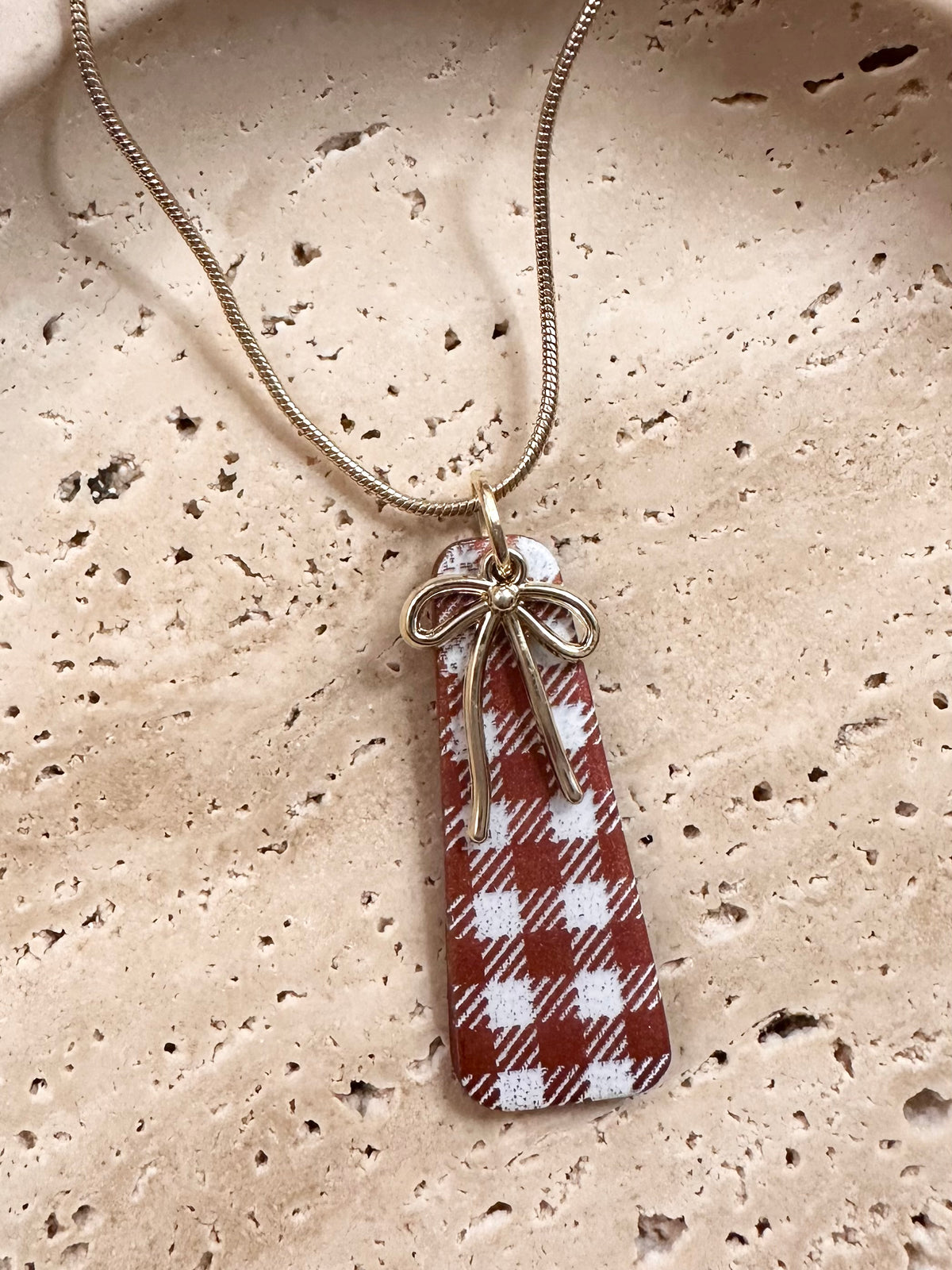 Brown and White Gingham Necklace