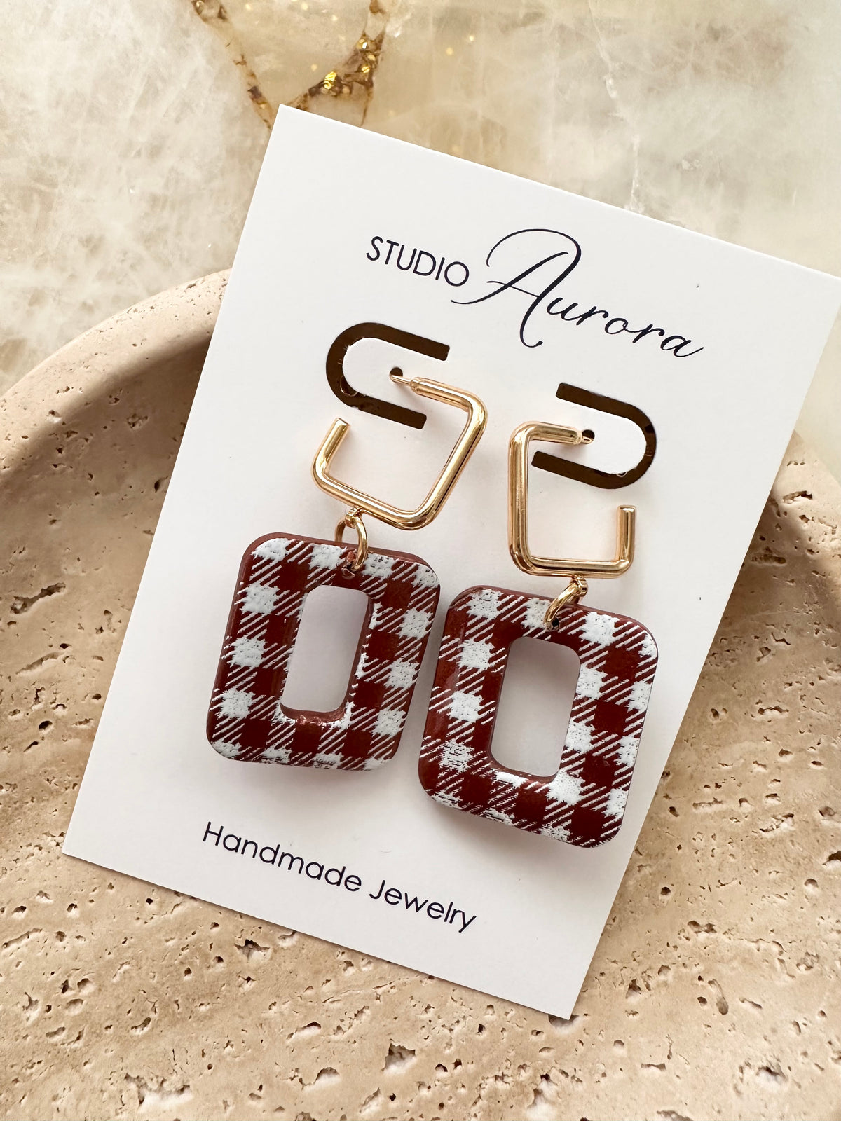 Brown & White Gingham Square Hoops