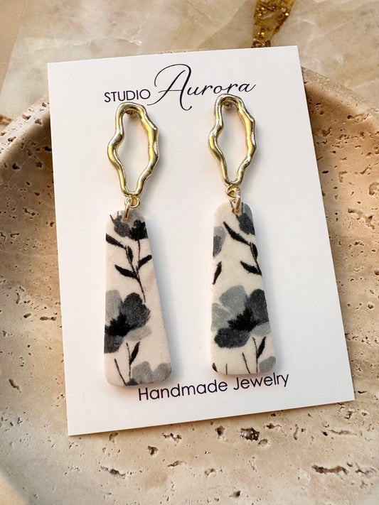 Black and White Floral Long Earrings