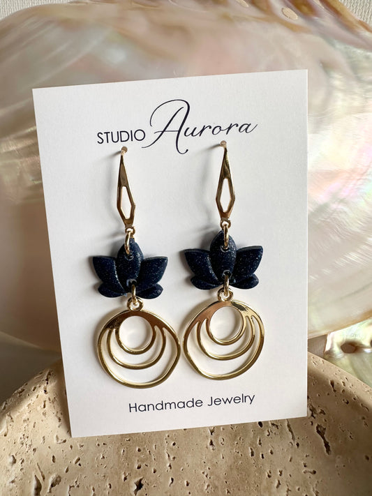 Navy Lotus Triple Circle Earrings
