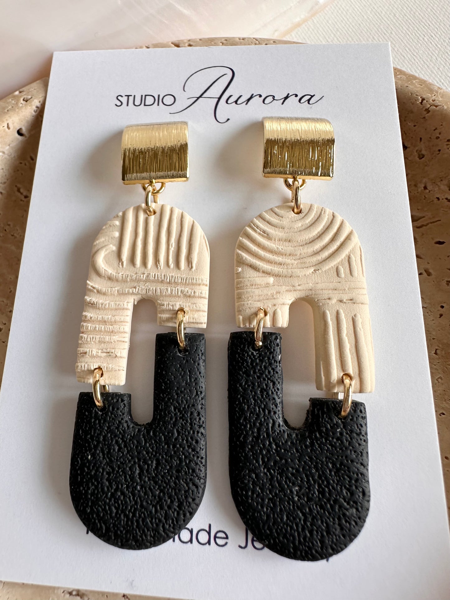 Black and Ivory Arches Texture Earrings