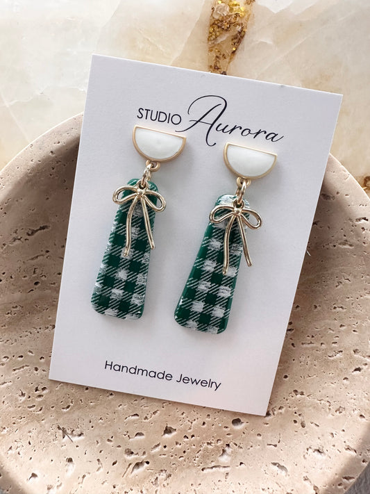 Green and White Gingham Bow Dangles