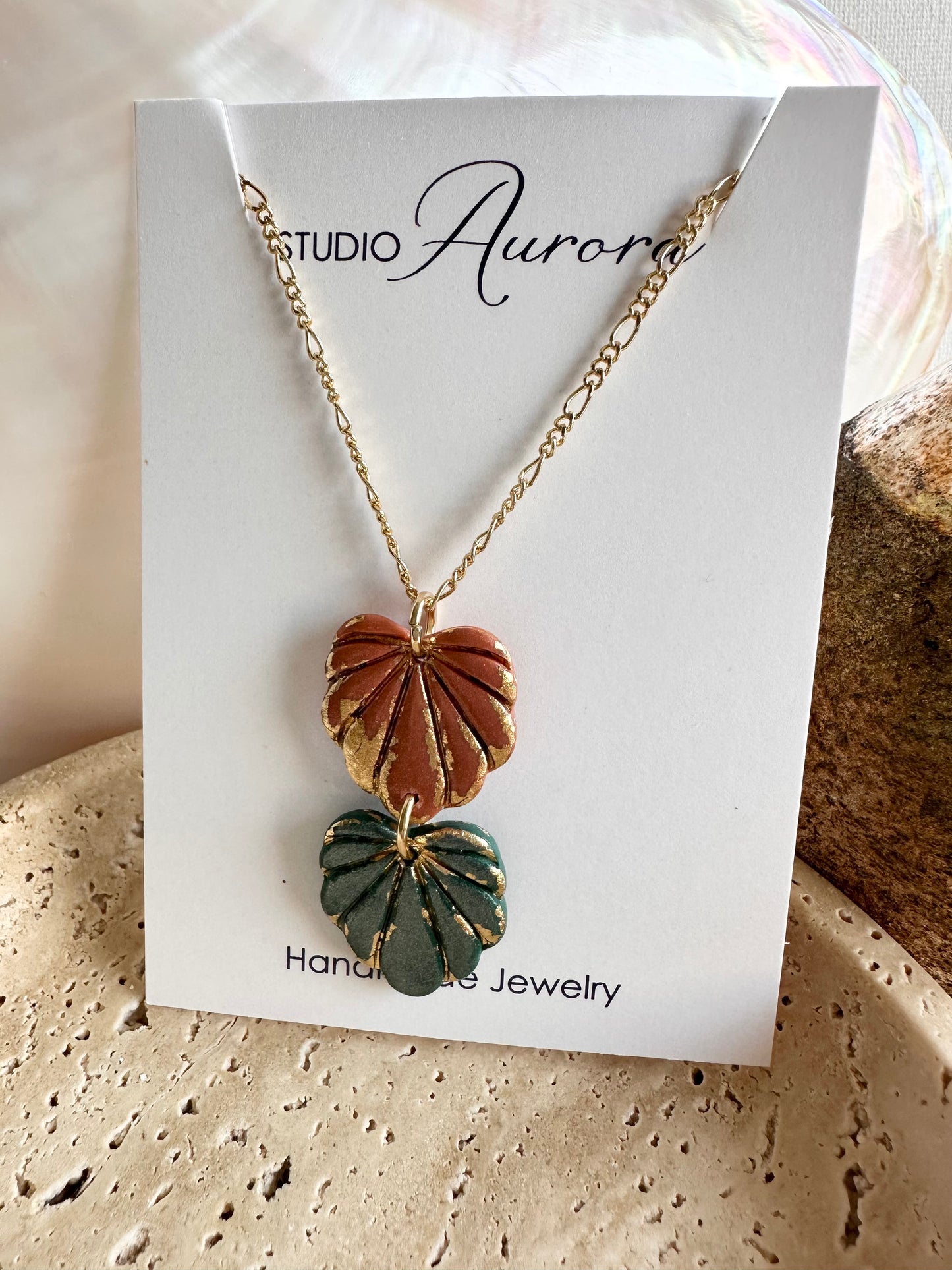 Terra Cotta and Green Leaf Necklace