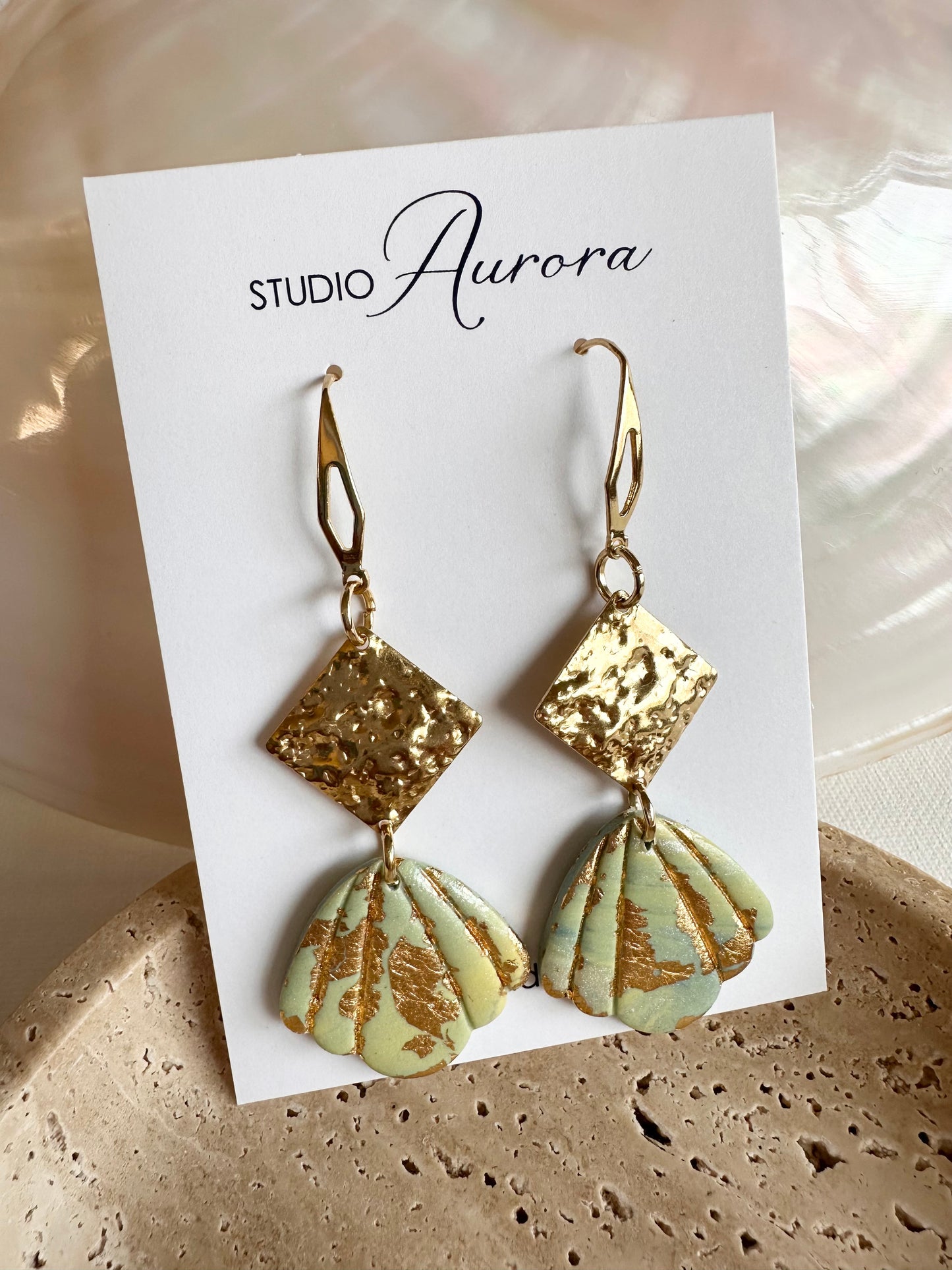 Seafoam Green Shell & Diamond Earrings