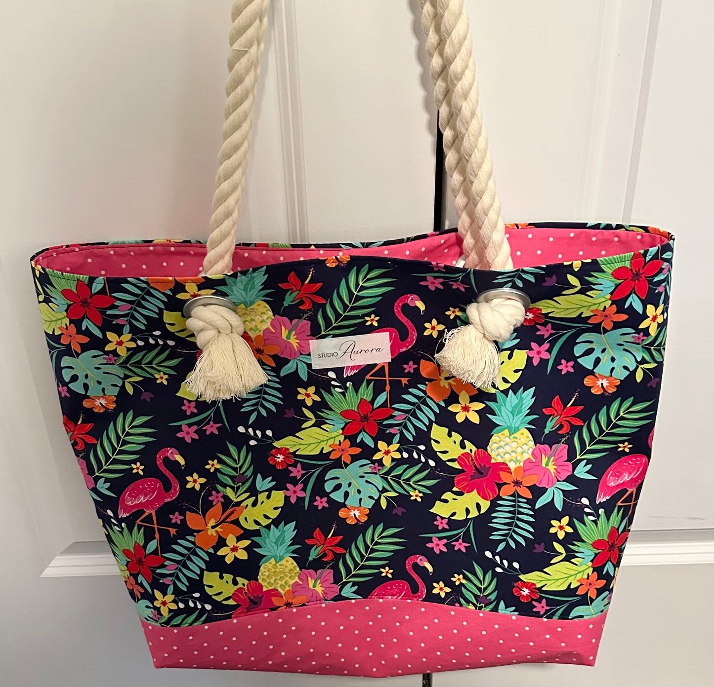 Pink Flamingo Beach Bag and Zipper Pouch Set