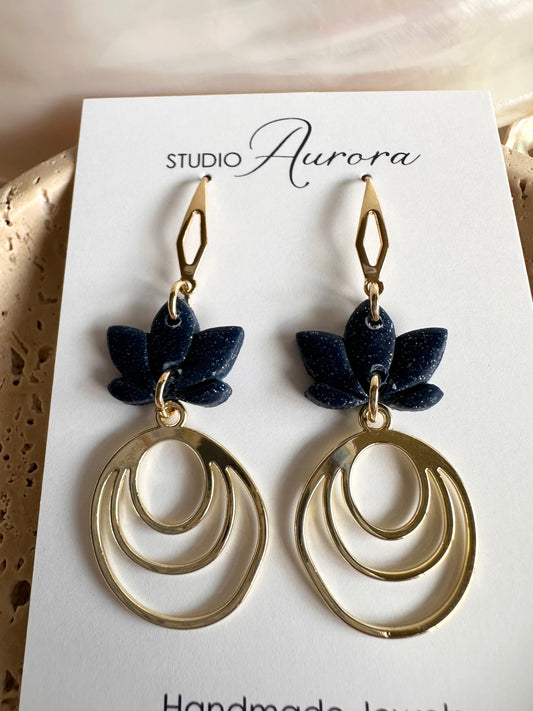 Navy Lotus Triple Circle Earrings