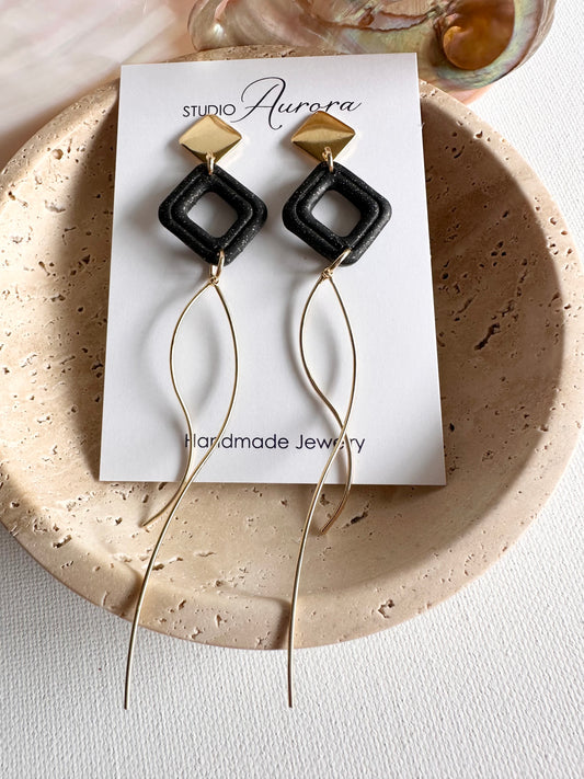 Black and Gold Long Dangle Earrings