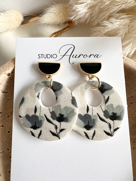 Black Floral Organic Circle Earrings II