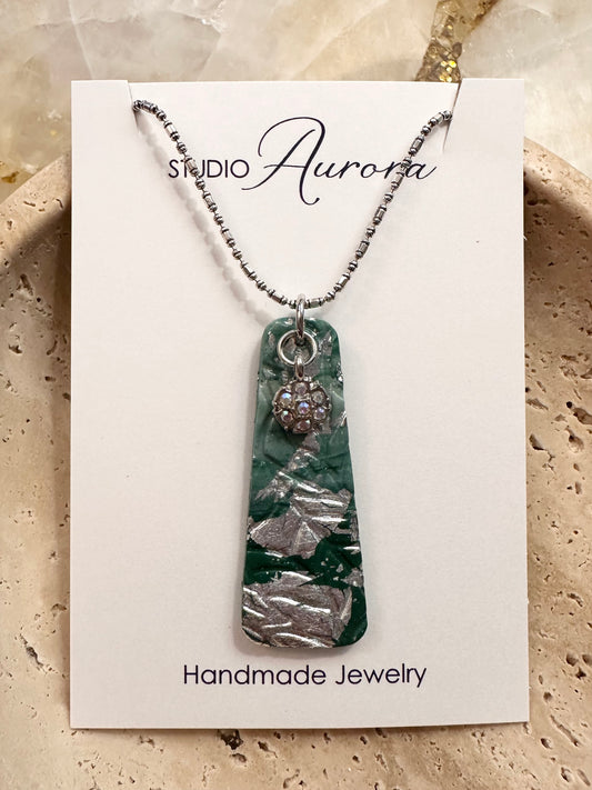Green and Silver Leaf Imprint Necklace