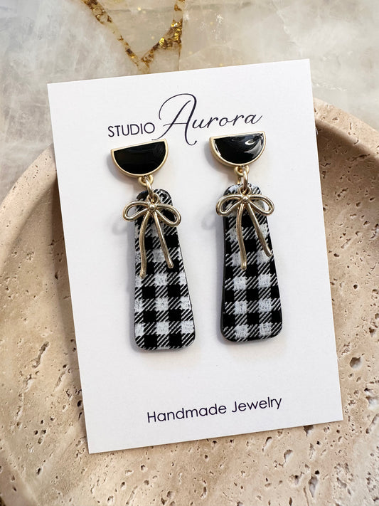 Black and White Gingham Bow Earrings